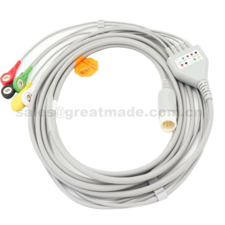 Kompatibbli mal-Magna ECG PHILIPS (HP), Cable ECG Biċċiet U Leadwires, 5 Ċomb, Snap, AHA Jew IEC.HP 12pin, Konnettur Straight
